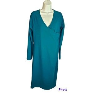 Soft Surroundings Dress Size TL Large Tall Faux Wrap Ruched Blue/Green L/S